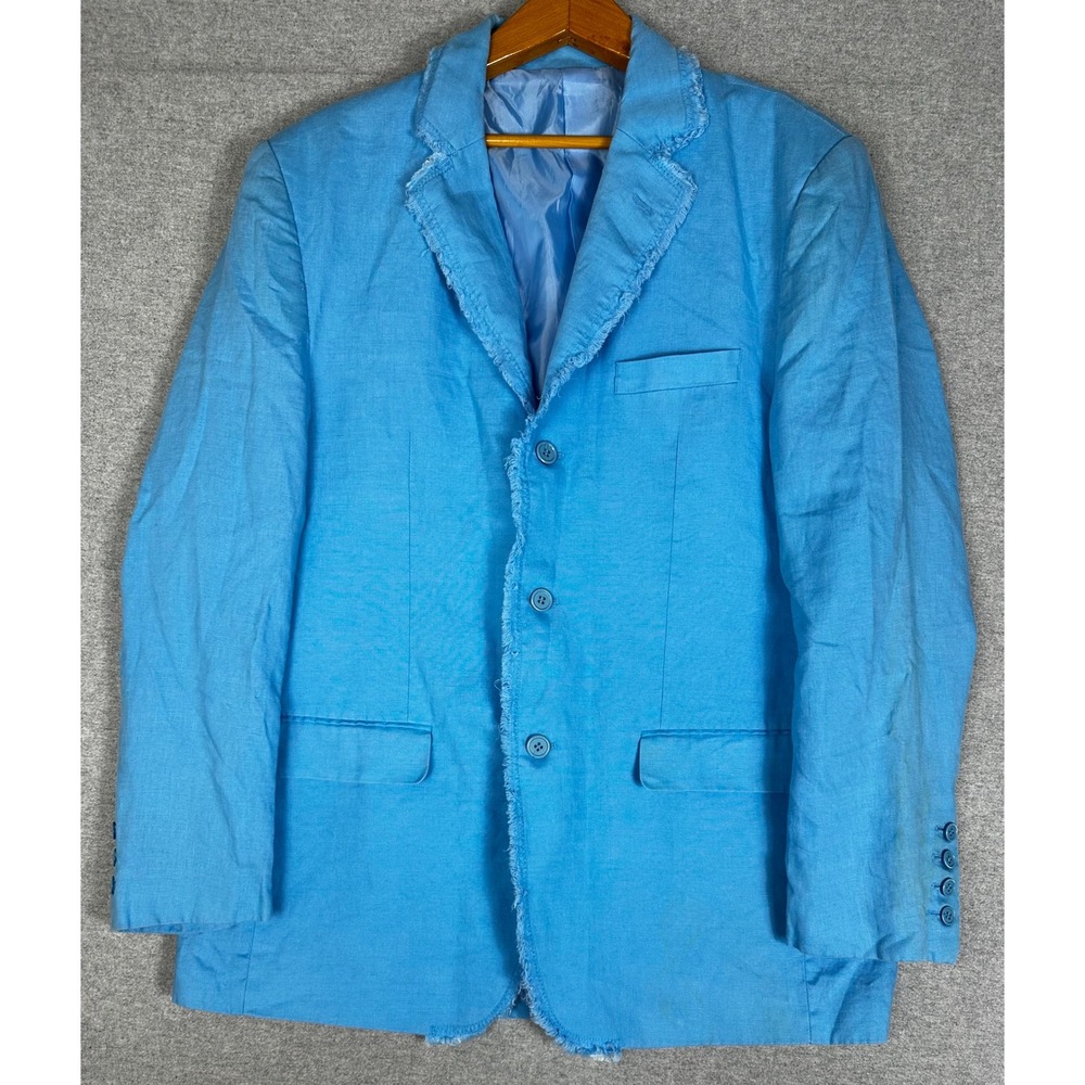 Lanzino Linen Blazer Mens Large Blue Frayed Edge Distressed Summer Jacket